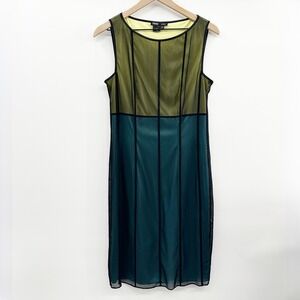 Vintage Y2K Mesh Overlay Colorblock Midi Dress in Olive Green Teal Size Medium